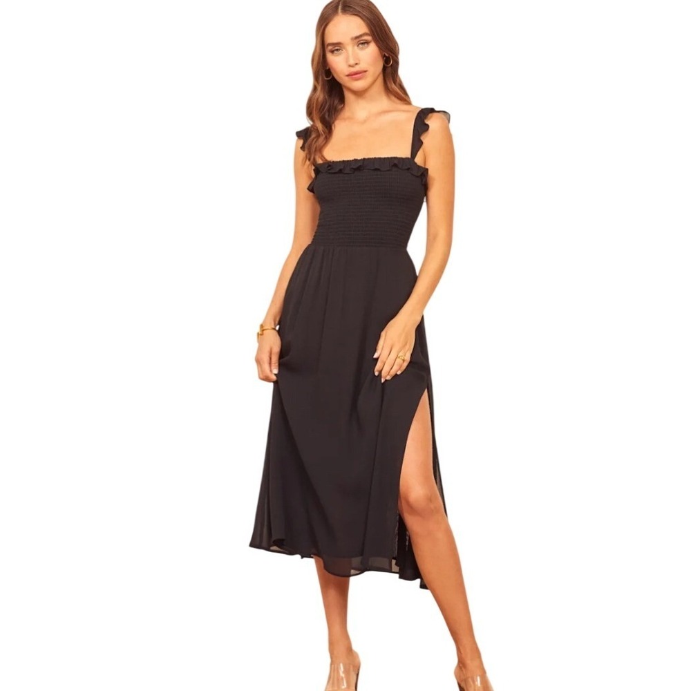 Reformation Size L Siesta Black‎ Smocked Ruffle Midi Dress Viscose Slit